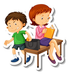 Sticker template with a couple kids cartoon character isolated