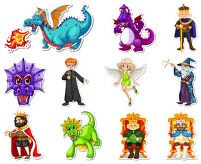 Sticker set with different fairytale cartoon characters
