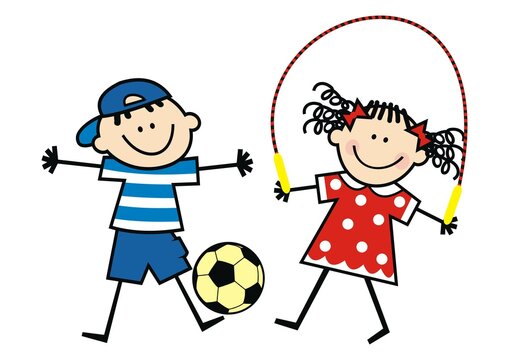 Boy with ball and girl with jump rope, two little kids, funny vector illustration