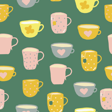 cups seamless pattern. hand drawn doodle. vector, cartoon, minimalism. trending colors 2021. wallpaper, wrapping, textiles, banner. kitchen, tea, coffee, drinks, tablecloth, cafe.