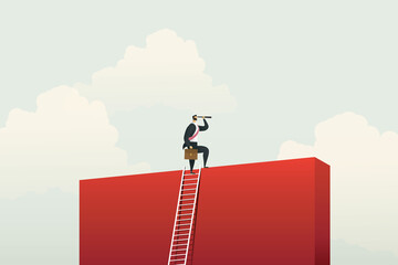Businessman climbing ladder for vision opportunities and achievement over the wall. - obrazy, fototapety, plakaty