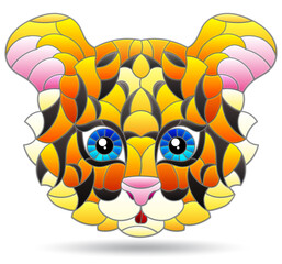 An illustration in the style of a stained glass window with a tiger's head, a portrait of an animal isolated on a white background