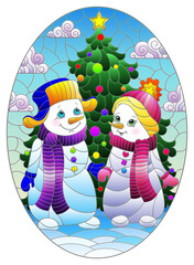 Stained glass illustration with a pair of cute cartoon snowmen on the background of a Christmas tree, oval image 