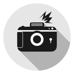 Retro photo camera. Retro photo camera icon with photo flash on gray background. Vector illustration.