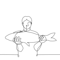 fisherman shows his catch - one line drawing. concept man showing off big caught fish