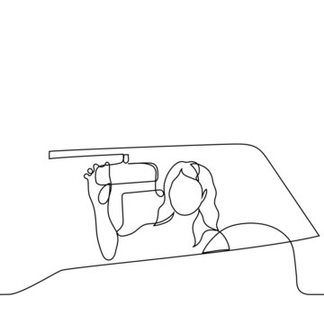 recommend clip art: woman sits in a roof open car and adjusts a long range mirror - one line drawing. woman alone summer travel concept