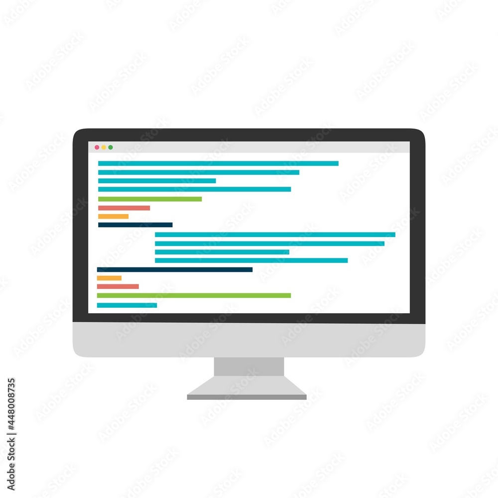Poster computer with code on the screen on blue background. coding concept