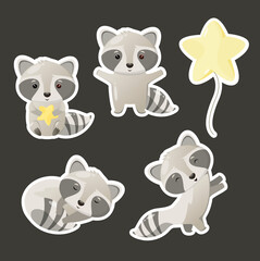Cute stickers with a raccoon on a dark background. Cartoon design.