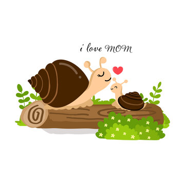 Happy Mother's Day Greeting Card. Mom and baby snail cartoon.