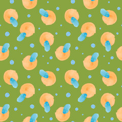 Abstract modern watercolor seamless patters baby shapes on green background.Bright minimalist prints in polka dots,blotches,rainbows.Designs for wrapping paper,packaging,social media,textiles,fabric.