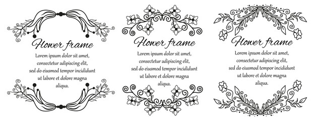 Line frames. Flower frame. Simple frame with leaves.Design elements for invitations.Circle border vector ornaments.Frame for text