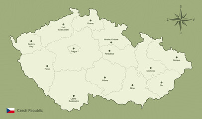 Vector simple line map of the Czech Republic with marked regions and the names of regional cities.