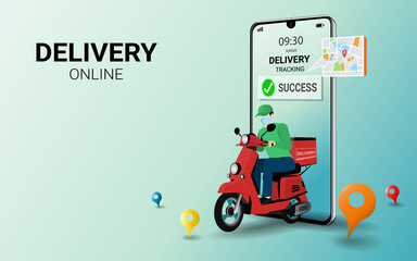 Fast delivery man by scooter on mobile. Online food order, e-commerce, Smart Logistic. Parcel Box. Concept for website and banner. 3D Vector illustration