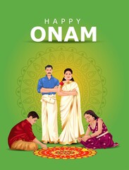 happy onam greetings vector illustration. illustration of kids making pookalam for a family
