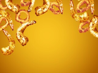 厚塗り水彩のシーフードフライイラスト・上フレーム・金