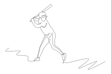 One line drawing of young energetic man baseball player practice swing and hit the ball with a bat vector illustration. Sport training concept. Modern line draw design for baseball tournament banner