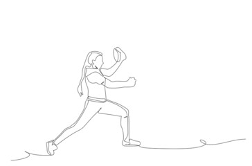 Fototapeta na wymiar Single continuous line drawing of skilled softball catcher gaining a grip on the loose ball while looking up field. Sport exercise concept. Trendy line design vector illustration for promotion media