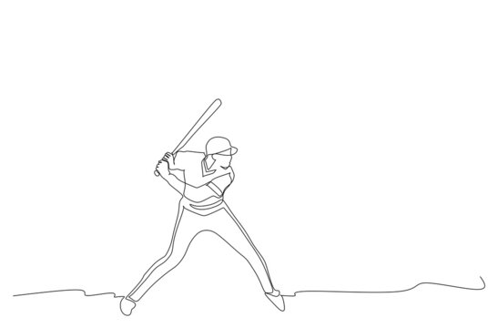 Single continuous line drawing of young agile professional baseball player hit the ball with a bat. Sport exercise concept. Trendy one line draw design graphic vector illustration for promotion