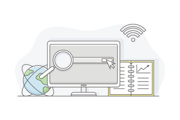 Business Process and Corporate Service Management with Computer and Search Line Vector Illustration
