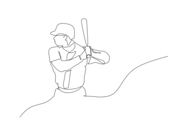 One line drawing of young energetic man baseball player practice swing and hit the ball with a bat vector illustration. Sport training concept. Modern line draw design for baseball tournament banner
