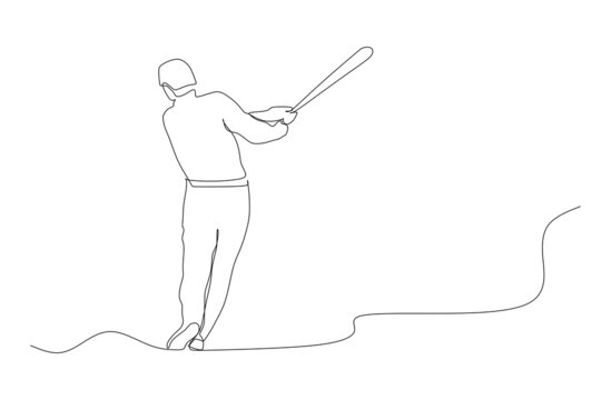 Single Continuous Line Drawing Young Agile Professional Baseball Player In Action On Grand Arena. Sport Exercise Concept. Trendy Drawing Design Graphic Vector Illustration For Baseball Promotion Media