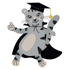 Cute gray cartoon kitten wearing a graduation hat and cape. The smart cat is ready to learn. Back to school. Educational mascot. Isolated vector. Cat character design as postcard, banner, poster.