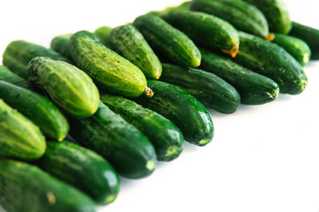 Background of green fresh cucumbers. Cucumbers lie exactly in a row on a white background. Agricultural industry.