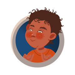 Happy Freckled Boy Playing with Rocket Peeped Out From Viewing Port Boarding Big Spaceship Vector Illustration