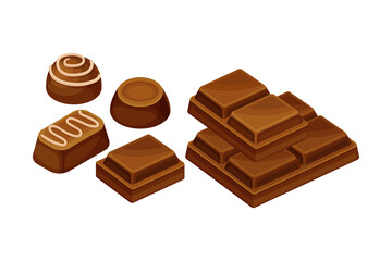 Chocolate Bar or Candy Bar and Praline as Solid Confection Vector Illustration