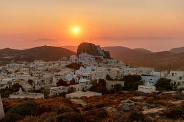 scenic golden hour view in Chora Amorgos  Greece - obrazy, fototapety, plakaty