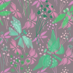 Seamless summer pattern. Colored butterflies, dragonflies and flowers.