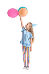 Cute little girl in party hat and with balloons on white background