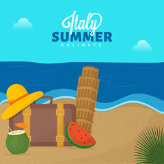 Italy Summer Holidays Poster Design With Female Hat, Suitcase, Watermelon Slice, Coconut Drink And Tower Of Pisa On Beach Background.