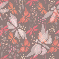 Seamless summer pattern. Colored butterflies, dragonflies and flowers.