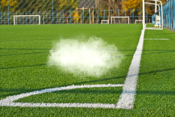 Soccer field texture close up. Grass in the stadium. Finely mown lawn for sports grounds.A white...