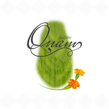Happy Onam Font With Realistic Marigold Flowers On White And Green Banana Leaf Background.