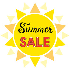 Colorful Summer sale for website banner, promotional material, tag. Design for social media banner, poster, email, web sticker, newsletter, ad, brochure. Vector illustration on yellow background