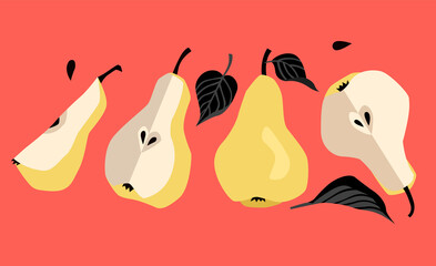 Yellow pears with black leaves, pears in a cartoon style, modern style, vector illustration