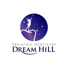 pediatric dentistry dream hill logo, dental treatment for children and teens with tooth as hill in sky scene vector