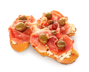 Tasty bruschettas with cheese, prosciutto and olives on white background