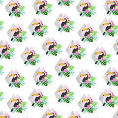 Toucan bird and tropical leaves seamless vector pattern.