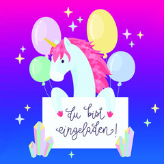 Unicorn on mandala card or invitation design. Unicorn with wings and hand lettering in German 