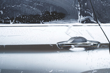 Outdoor car wash foam and soap abstract pattern , Banner Background Concept. Car Washing and Cleaning Backdrop with Copy Space.