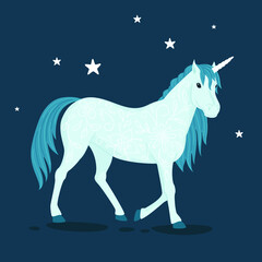 Beautiful unicorn walking in starring night. Vector hand drawn illustration