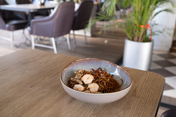 Noodles with Vegetables and Shrimp. Close up