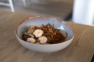 Noodles with Vegetables and Shrimp. Close up