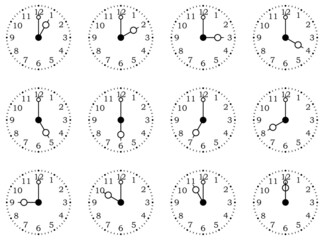 Naklejka premium Uhr mit allen vollen Stunden von eins bis zwölf. Weißer isolierter Hintergrund. Ziffernblatt Symbol.