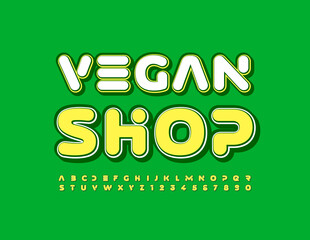 Vector green emblem Vegan Shop with creative Alphabet Letters and Numbers set. Techno style Font