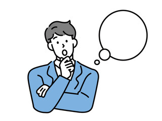 悩む男性のイラスト(困る、悩み、考える、問題、理解する、調べる、発見、疑問、解決、？) Confused man thinking together. People with question marks vector illustration. Man and woman with question, thinking guy