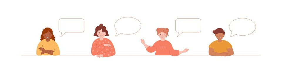 Children with speech bubbles. Dialogue template for school, education projects. Smiling diverse kids. Concepts with copy space for display conversation, discussion. Vector illustration. 